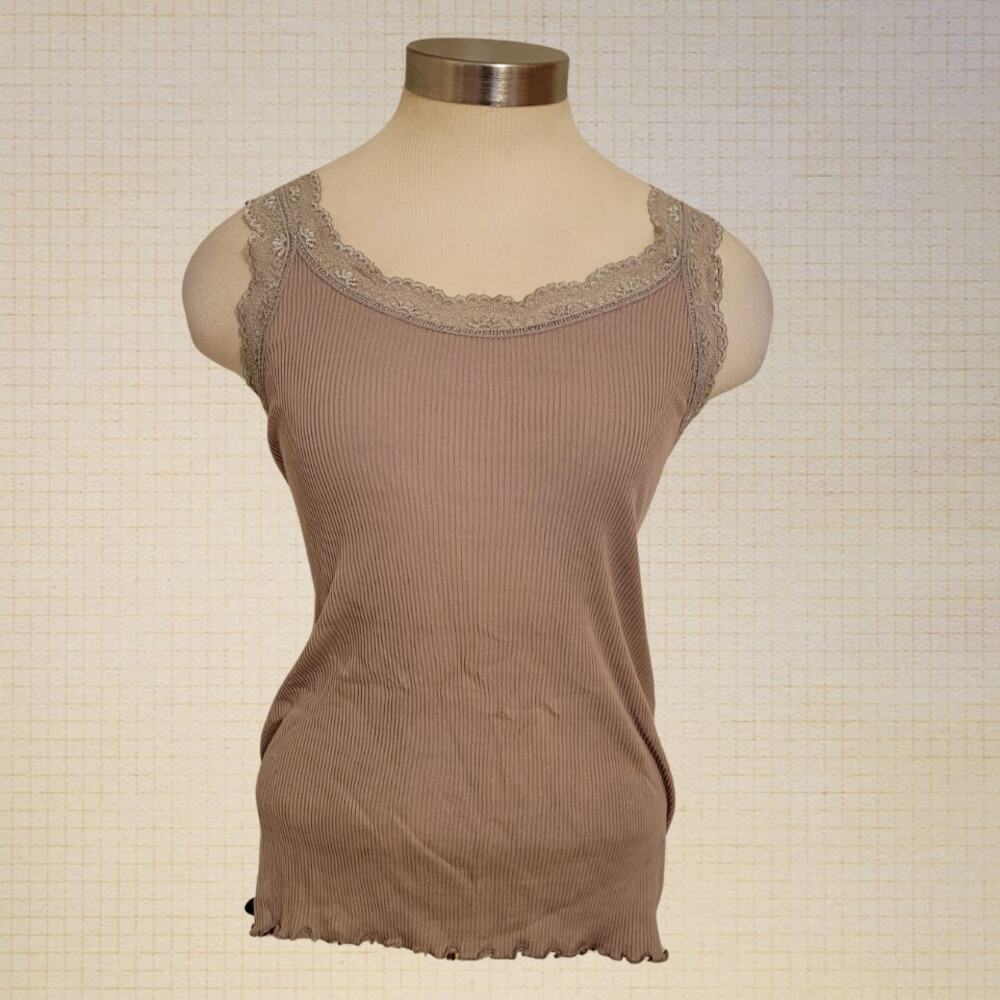 Banana Republic Lace Trim Ribbed Stretch Tank Top Medium Taupe